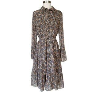 MIKAEL AGHAL Floral Shirt Dress Button Down Midi Crepe Chiffon Belt Tiered 6 NWT